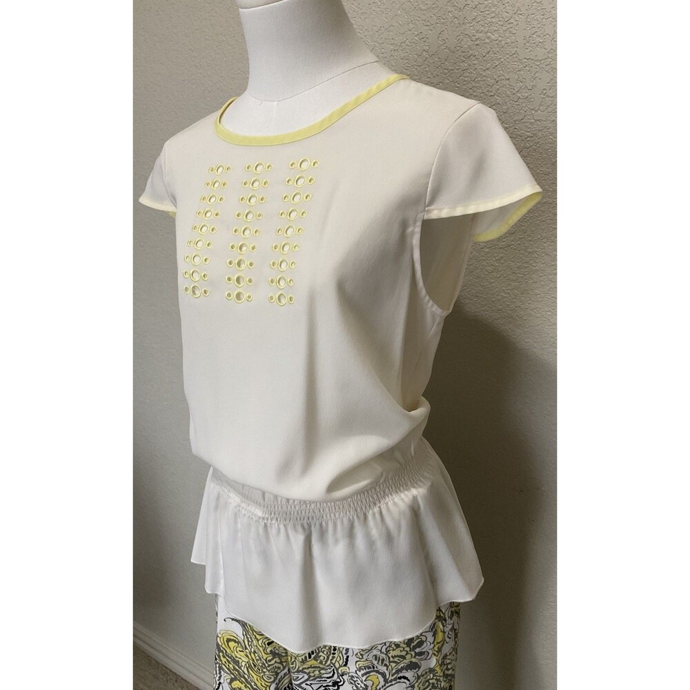 Ann Taylor Petites, Peplum Blouse, Cap Sleeves, Cream, Yellow Trim, Size: MP - Picture 2 of 8